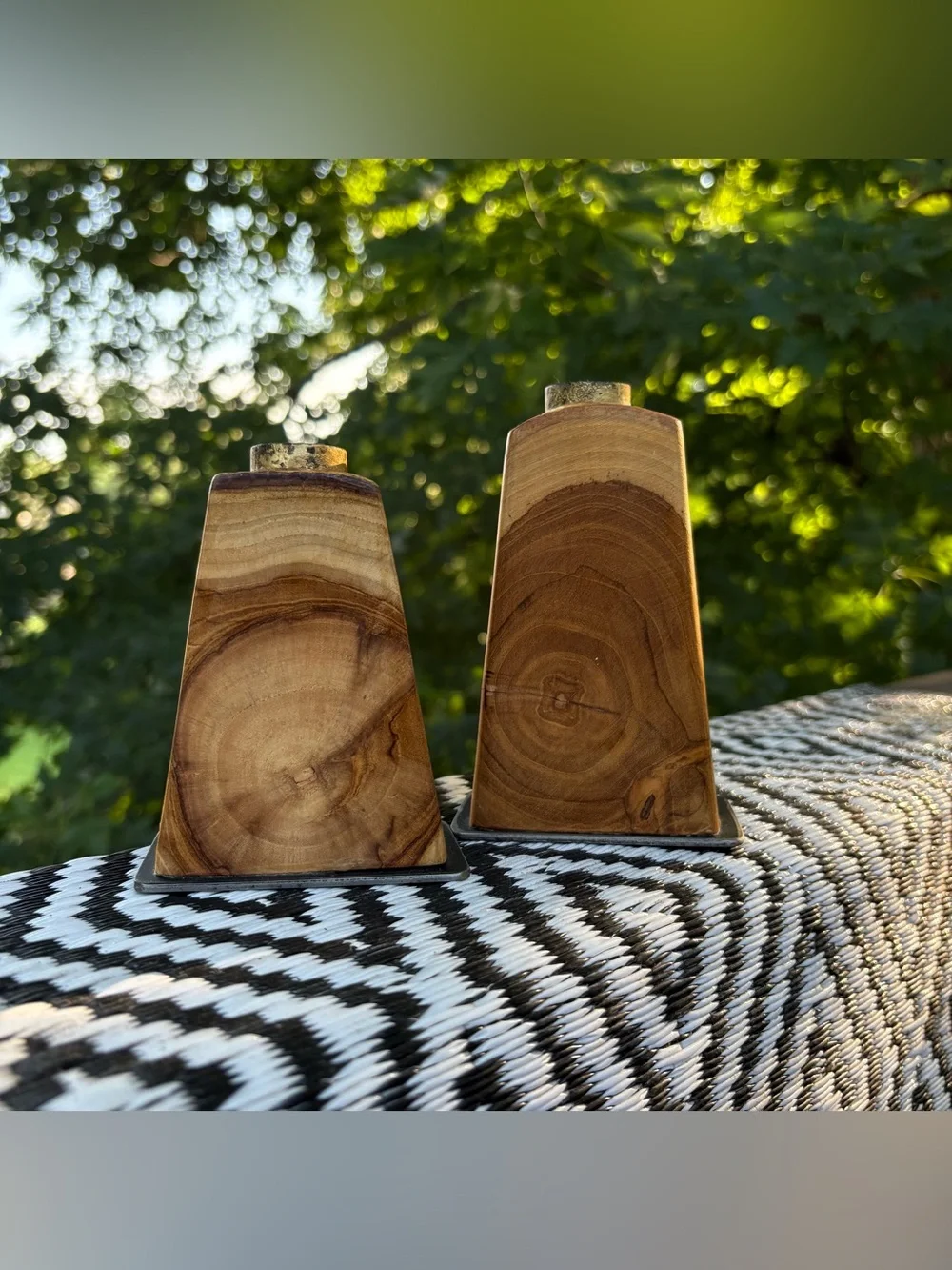 Vintage teak wood wedge taper candle stick holders (set of 2)